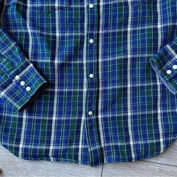 Gap Slim Fit Western  Blue Green Plaid Shacket - Picture 6 of 16